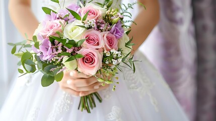 elegant bridal bouquet with a mix of pink roses,in the style of a high-quality wedding photography