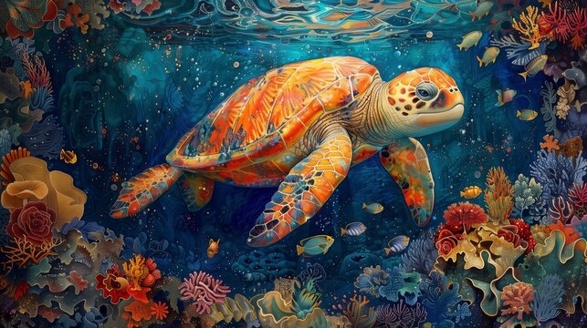 Sea turtle underwater, drawing