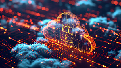 Futuristic Cloud security concept with cloud technology symbols and padlocks, representing data protection and cyber security in a cloud computing environment.