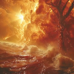 a tree that is in the middle of a raging ocean - obrazy, fototapety, plakaty