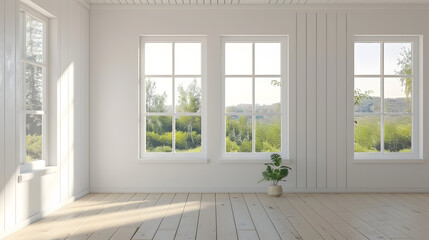Fototapeta premium White empty room with summer landscape in window. Scandinavian interior design. 3D illustration