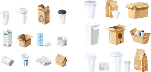 Vector icons of carton boxes, paper cups, stack of newspapers