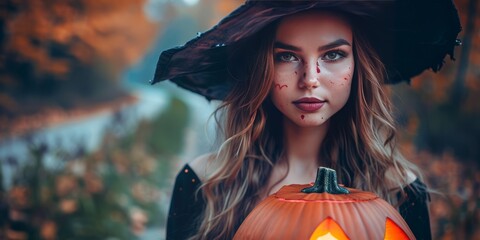 Portrait of a woman in a scenery related to the celebration of the holiday Halloween
