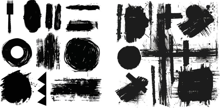 Grunge textured black paint lines, circles and crosses