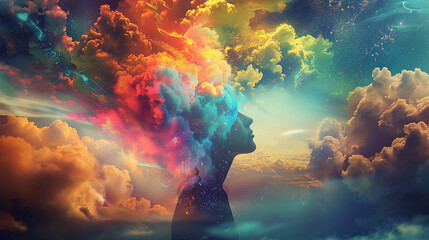 Illustration of person and a large number of colors emanating from his head, which symbolize the beauty of emotions and human condition
