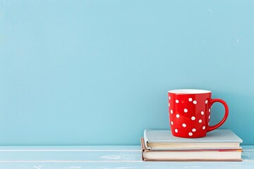 A red coffee mug with white polka dots sits on top of a stack of books
