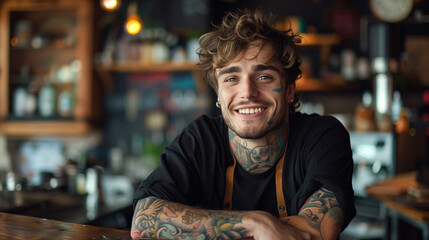 Cheerful tattooed young man smiling in urban cafe setting.