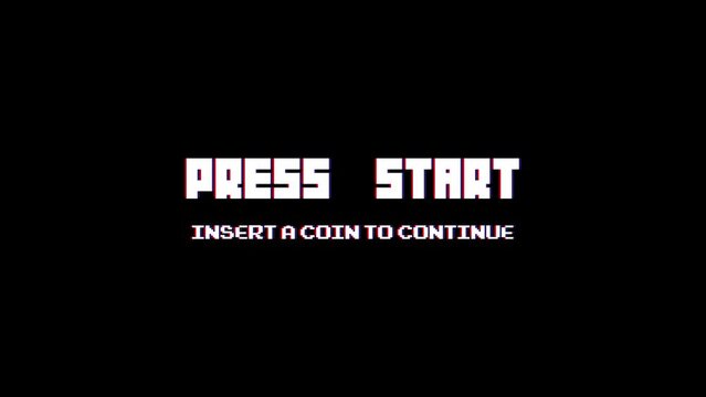 Retro video game PRESS START text glitch interference dark background