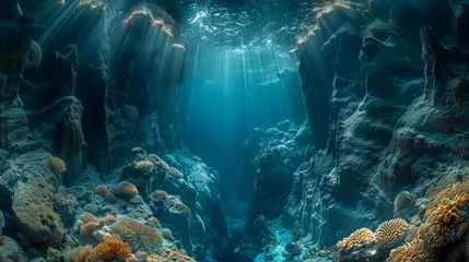 Fototapeten A deep blue ocean with sunlight shining through the water © jr-art
