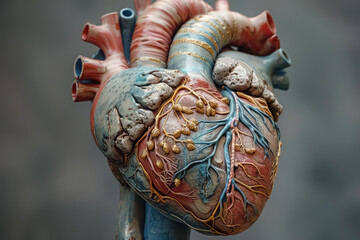 detailed human heart model showing veins, arteries, and internal structure for educational purposes - obrazy, fototapety, plakaty