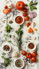 Fresh Herbs and Spices on Marble for Gourmet Cooking