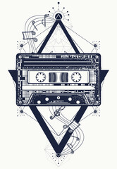 Music tattoo. Audio cassette type, and musical notes. Sacred geometry. Symbol of retro nostalgia, 80th and 90th. disco. T-shirt design art