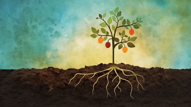 Illustration of a Fruit Tree with Exposed Roots on Earthy Textured Background