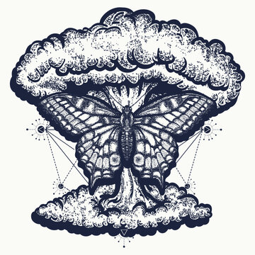 Atomic explosion and butterfly, tattoo. Symbol of stress, aggression, tension, protest. Psychological creative t-shirt design concept