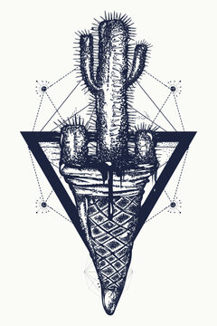 Cactus and ice cream tattoo art. Sacred geometry style. Psychological concept of pain and pleasure, duplicity, reserve, creativity. T-shirt design art