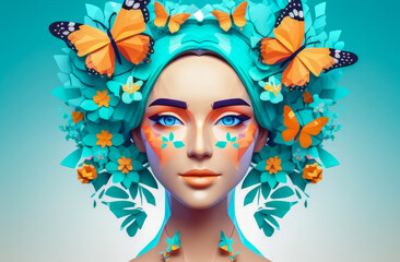 Beautiful, stylish, creative summer background. A fashionable spring portrait of a woman with flowers and butterflies on her head and in her hair. The concept of female beauty