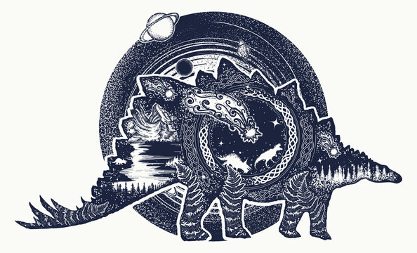 Stegosaurus and universe double exposure tattoo. Comet has destroyed dinosaurs. Symbol of prehistoric, paleontology. Why the dinosaurs died out. T-shirt design