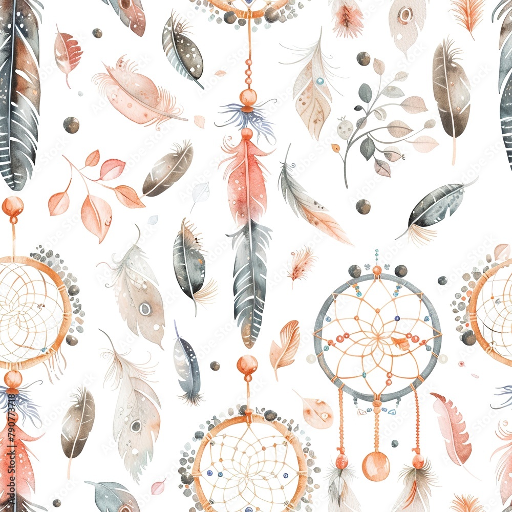 Wall mural Watercolor seamless background of delicate boho ornaments, including feathers, beads, and dreamcatchers in soft tones. Seamless Pattern, Fabric Pattern, Tumbler Wrap, Mug Wrap.