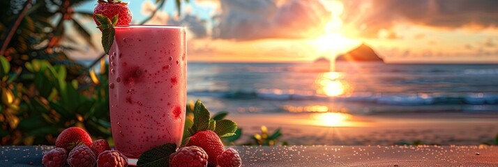 Exotic smoothie presented against a seaside panorama, featuring palm trees and a serene oce