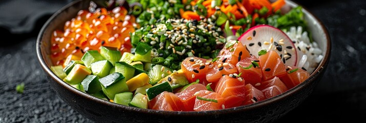 A mouthwatering poke bowl filled with an assortment of fresh seafood and colorful veggies, in - Powered by Adobe