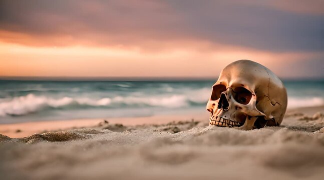 Cinematic Close-Up: Pirate Skull Adventure Scene with Beautiful Ocean in Background