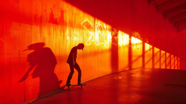 A man is skateboarding in a tunnel with graffiti on the wall