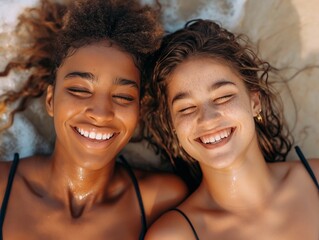 Two women are laying on the beach, smiling and enjoying the sun. They are wearing black tank tops and seem to be having a good time