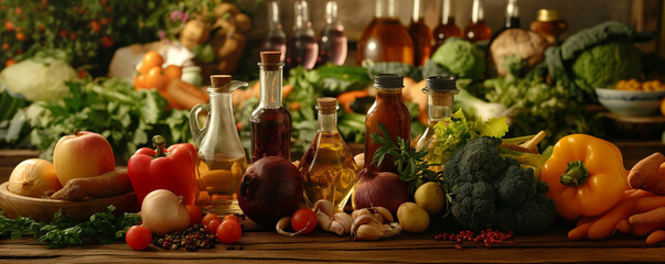 Assorted Fresh Vegetables and Spices on Rustic Kitchen Table