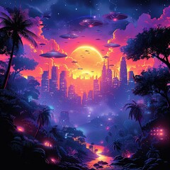 Obraz premium a brightly lit cityscape with a river and flying saucers