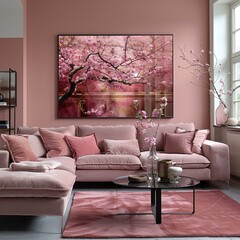 a pink living room with a pink couch and a pink rug