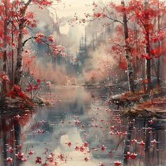 painting of a river with red leaves floating on the water