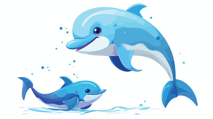 Cartoon marine dolphin and his cute little fish fri