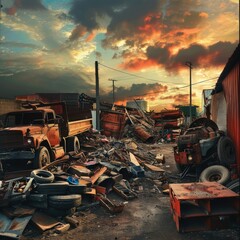 A cluttered junkyard bathed in the warm hues of a dramatic sunset. are discarded tires, metal scraps. The uneven ground is strewn with both small and large pieces of waste. Ai generated - obrazy, fototapety, plakaty