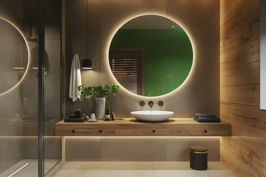 Modern bathroom with LED lighting, round mirror, and wooden elements. Refined style design. 3D Rendering