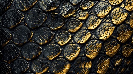 Animal reptilian background banner - Closeup of abstract gold black snake skin texture pattern with scale detail