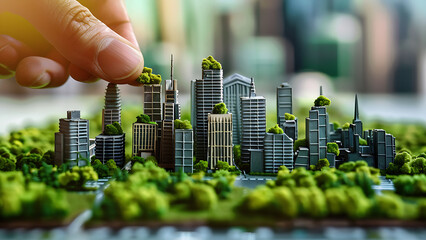 Hand built urban miniature, featuring green cityscape elements.