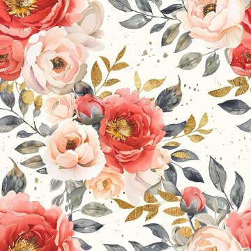 Bohemian chic seamless pattern, with delicate watercolor wreaths of peonies and roses, accented with gold splashes.Seamless Pattern, Fabric Pattern, Tumbler Wrap, Mug Wrap.