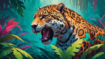 Abstract Jungle Scene, Ferocious Jaguar in Vibrant Colors Set Against a Soft Background. Changing the Animal Subject. - obrazy, fototapety, plakaty