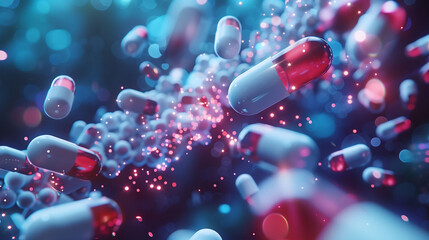 3D render of capsule medicine on blue background, Medicine, Science, Technology, Chemistry, Particle, Atom, Science background, 3D render