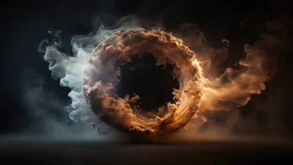Fotobehang Circular Brown Smoke explodes outward, with dramatic smoke or fog effect with a scary Dark background © Reazy Studio