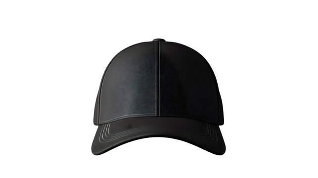Closeup of one black blank color baseball sport cap hat product mockup template isolated on transparent background. Front view fashion object, headwear merchandise apparel collection
