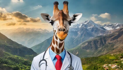 Cute giraffe in a doctor's outfit with a stethoscope around his neck