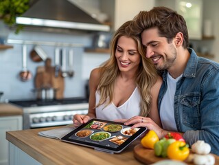 A man and woman are looking at a tablet with pictures of food on it. They are smiling and seem to be enjoying the food