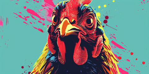 A colorful chicken with a red face and yellow beak - obrazy, fototapety, plakaty