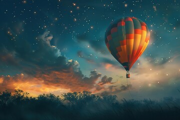 Colorful hot air balloon flying high in sky at night