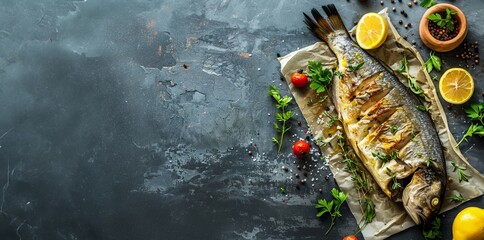 baked dorado fish, top view, copy space. appetizing delicious food, fried fish with lemon and...