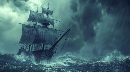 Pirate ship battling stormy seas in 3D vector - obrazy, fototapety, plakaty