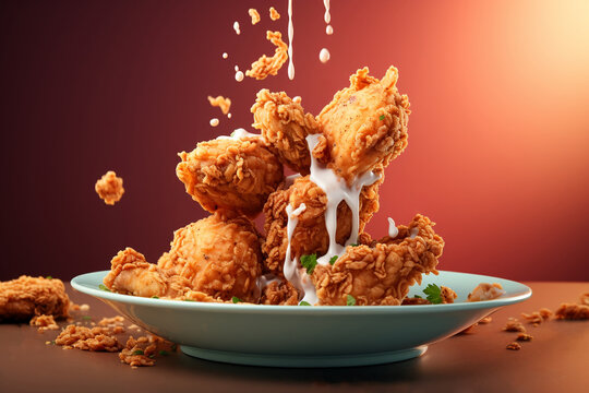 Appealing posterstyle image of crispy fried chicken pieces magically floating above a white plate, set against a simple background