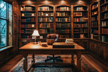 A large room with a desk and a chair, and a large collection of books