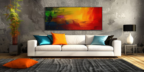 A large painting hangs on the wall of a living room